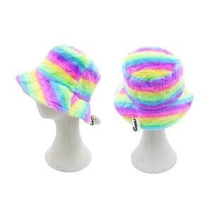 MultiColored Fur Bucket Hat Rainbow Stripe Pattern Style Winter